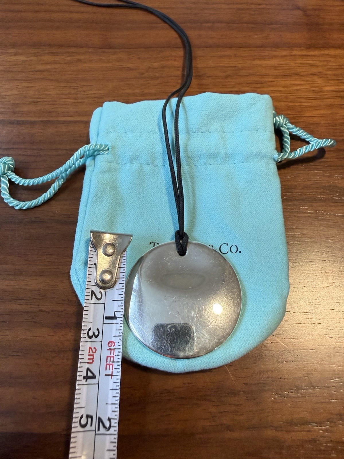 Tiffany & Co. Signed 925 Sterling Silver Round Disc Pendant Black Cord Necklace