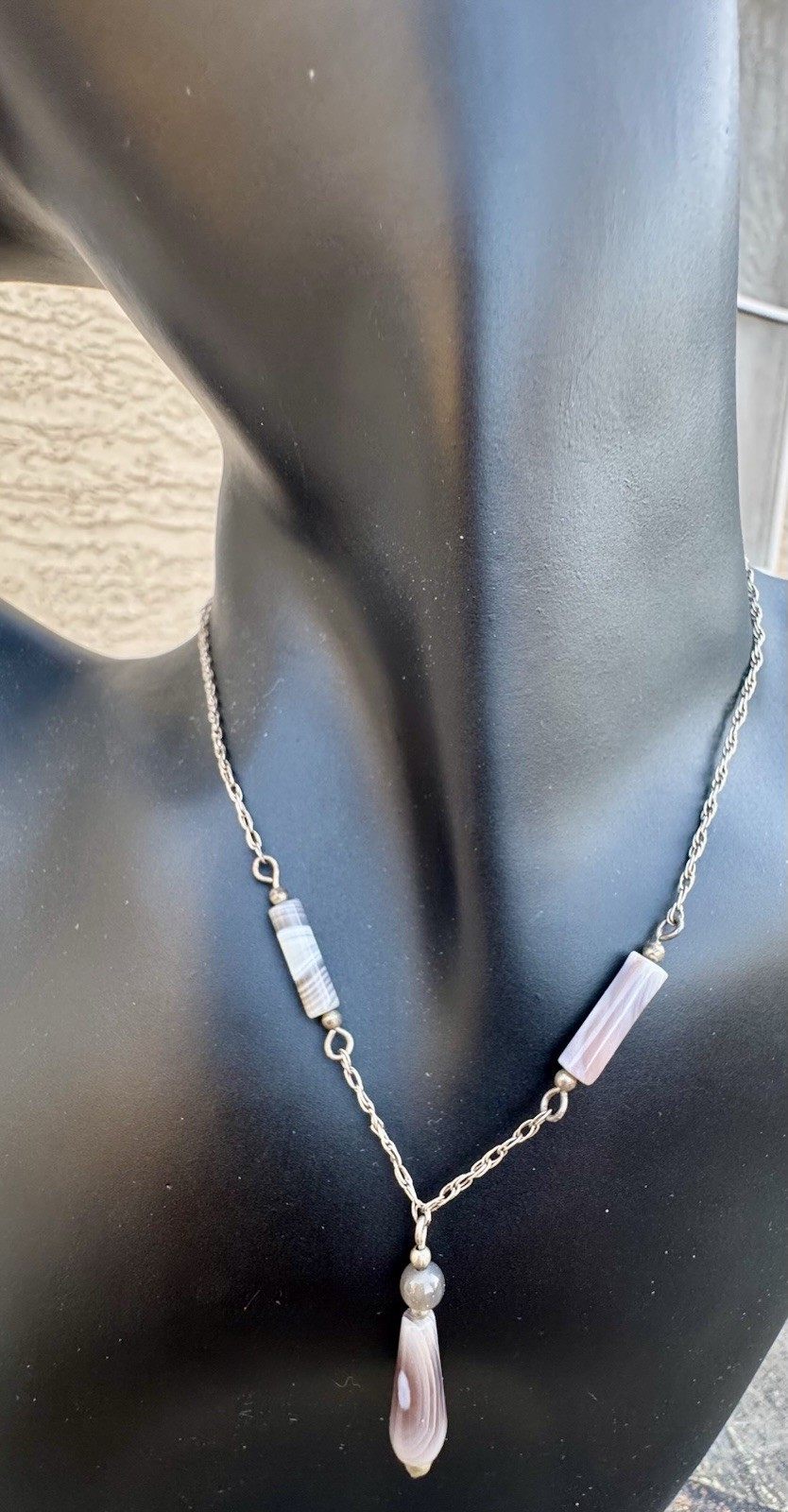 Sterling Silver 925 Muted Earth-tone Y Drop Agate Layered Stones / 18” Necklace