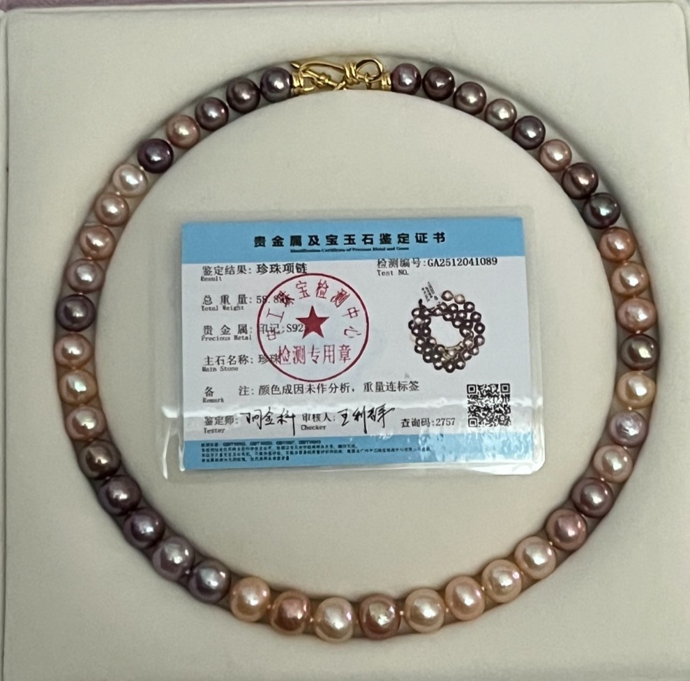 Large Edison Pearl Necklace S925 Toggle Clasp Metallic Candy 45cm Cert