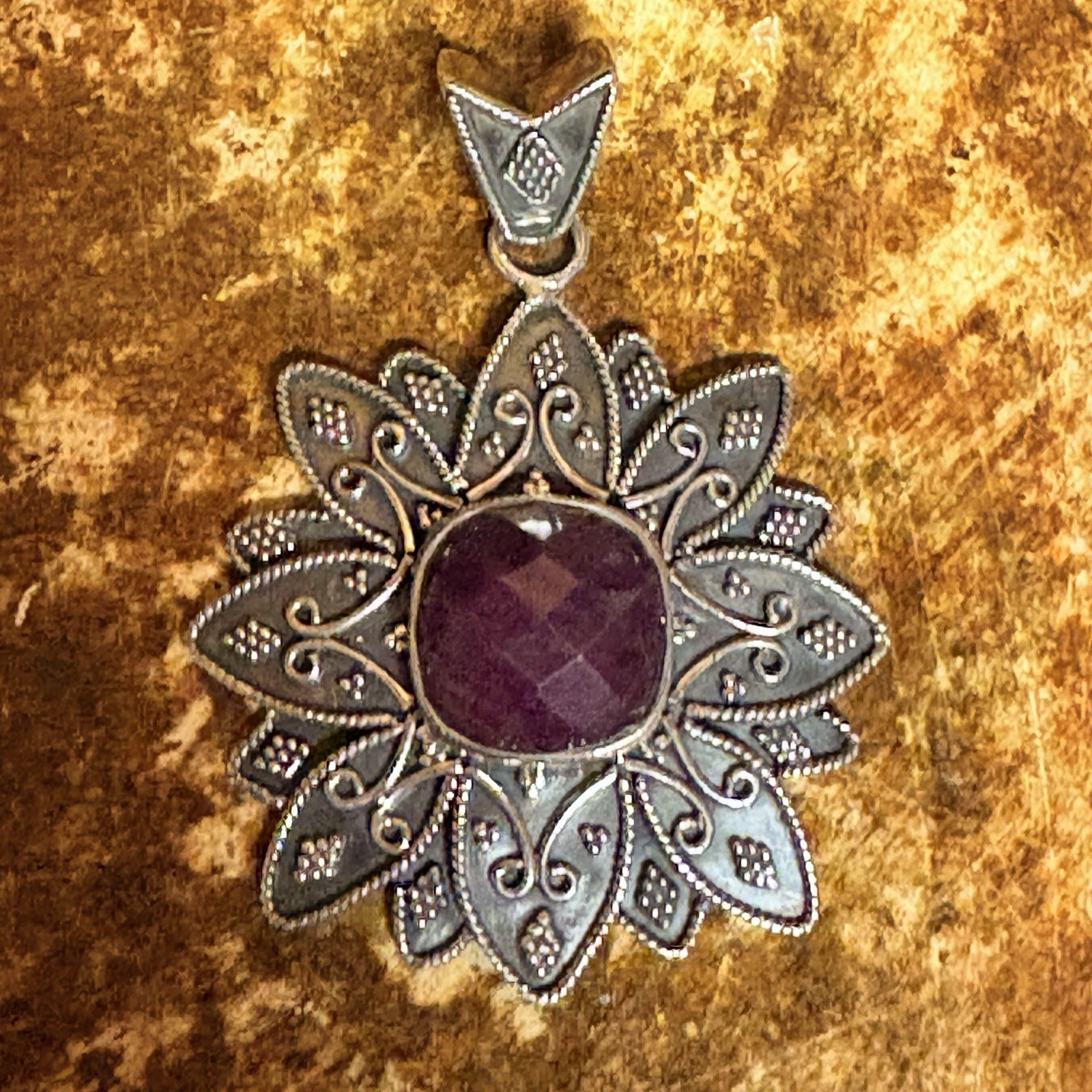 Sterling Silver and Ruby Pendant by SI Made in India Bali Style Vintage