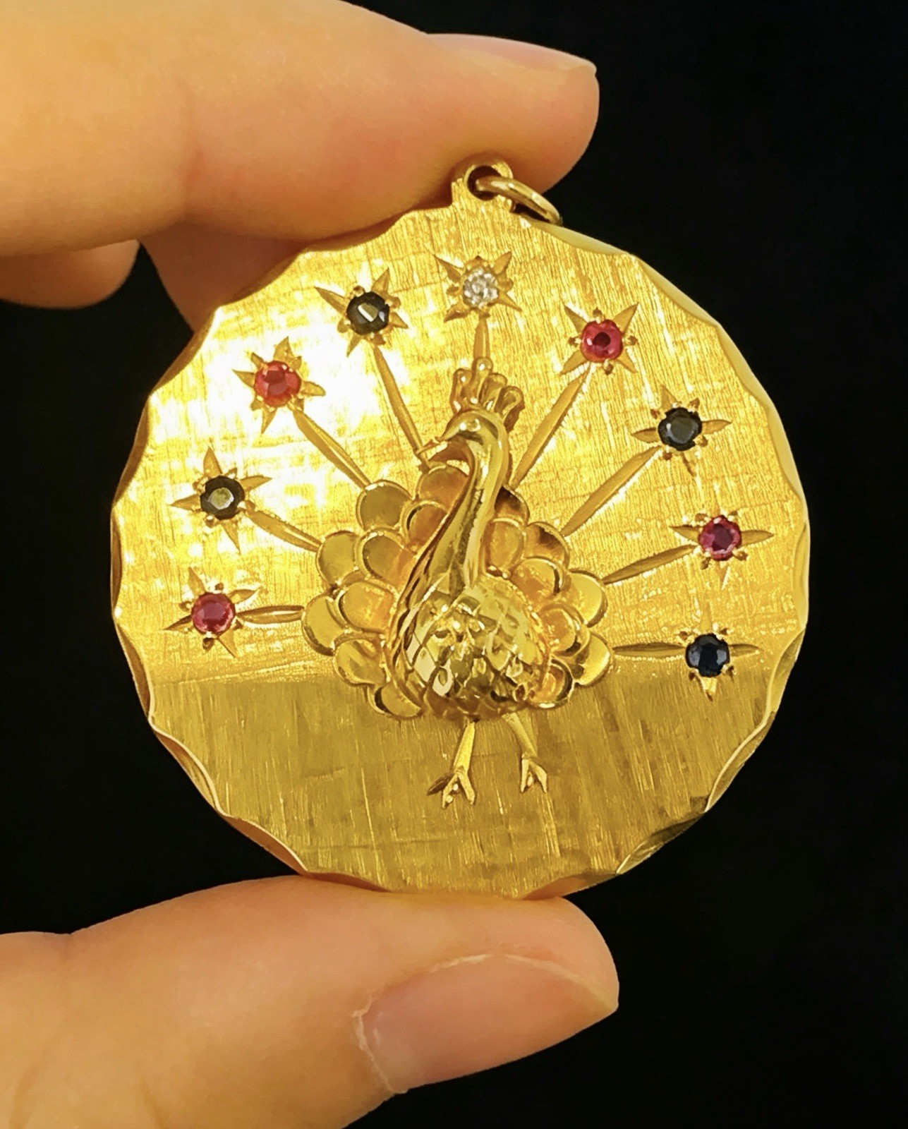 14K Yellow Gold Peacock Pendant Ruby Sapphire Gemstone Medallion Charm