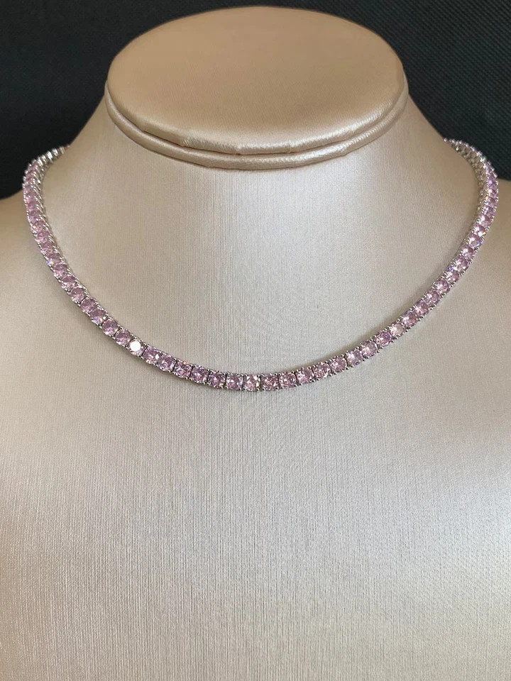 20CTW Round Cut Lab Created Pink Diamond Tennis Necklace 14k White Gold Plated