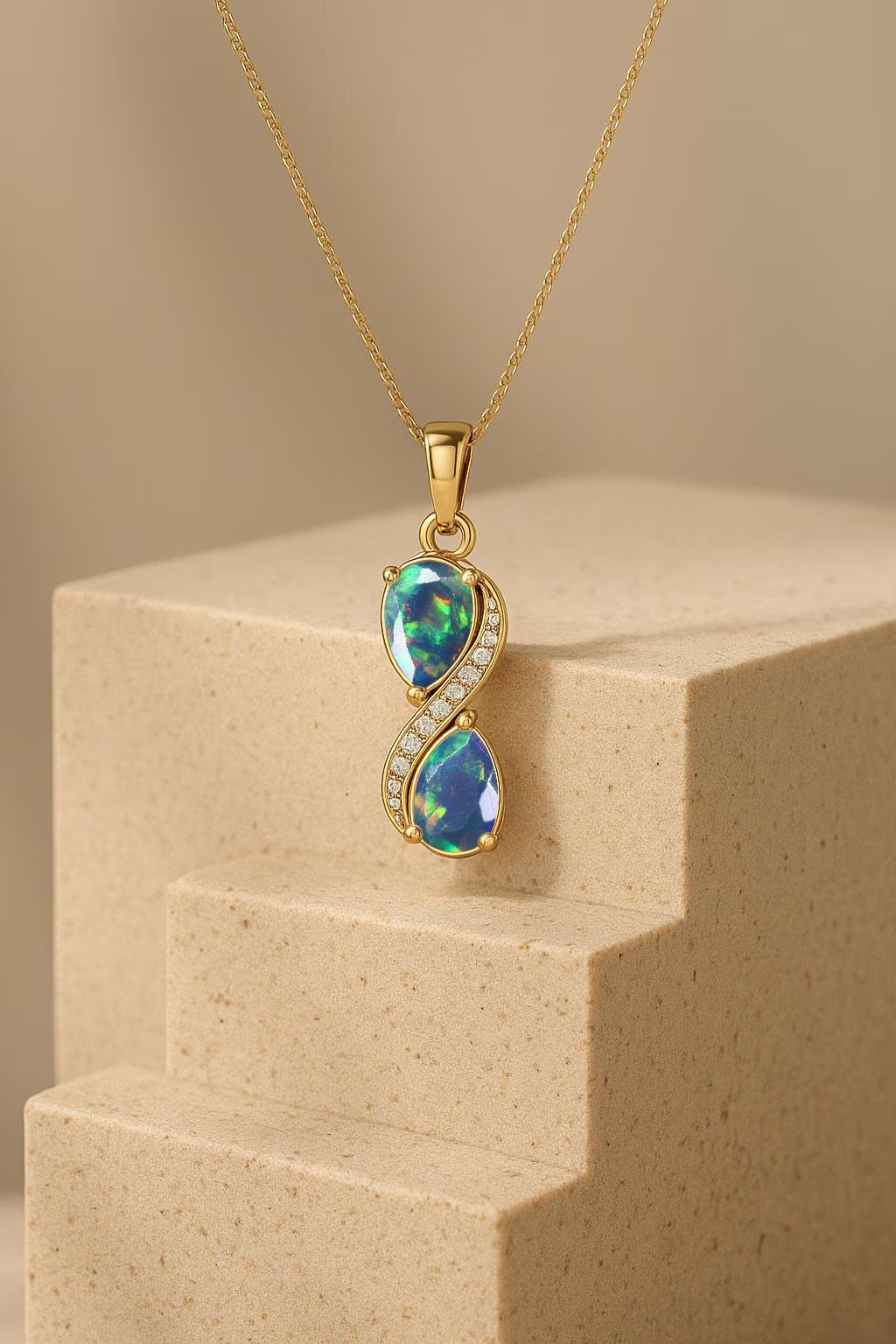Black Opal Dual Pear Gemstone Charm Gold Pendant, Natural Opal Chain Pendant