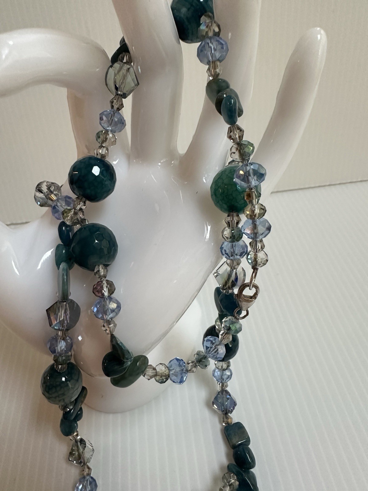 925 STERLING SILVER CLASP CHRYSOBERYL INDICOLITE STONES GREEN BLUE 34” NECKLACE