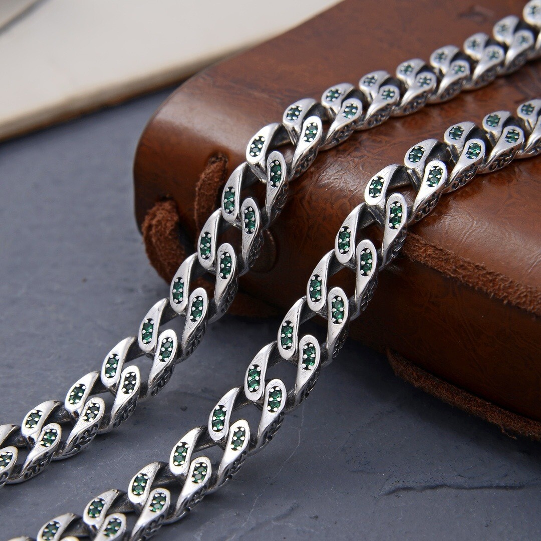 7MM 925 Sterling Silver Cuban Chain Necklace Jewelry Green Blue Zircon 18-24″