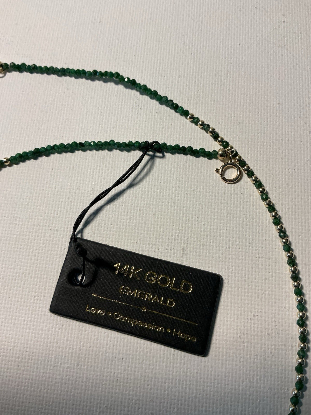 14K SOLID YELLOW GOLD 2MM BEADS WITH DELICATE 2MM FACETED EMERALD NECKLACE