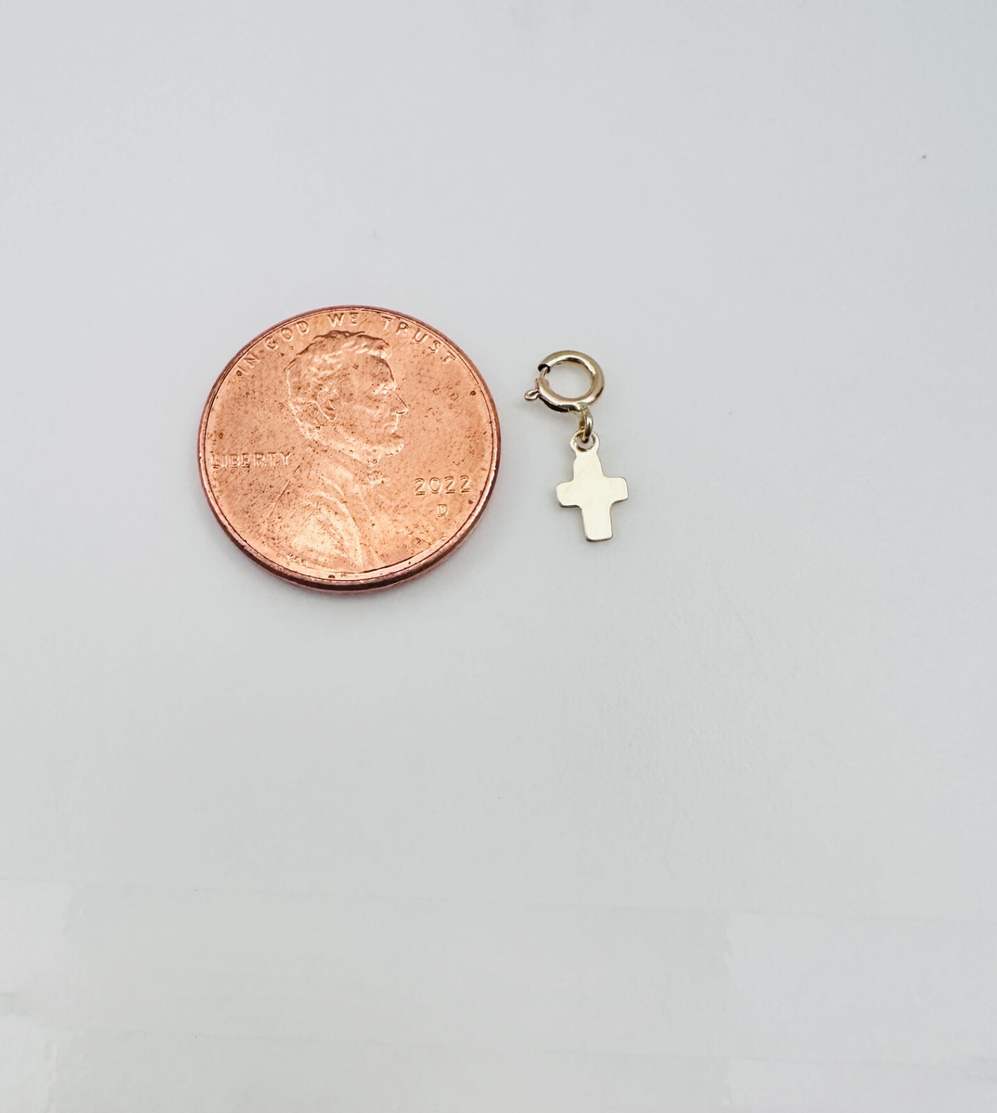 14K Solid Yellow Gold Teeny Tiny Cross Charm Pendant w/Spring Clasp