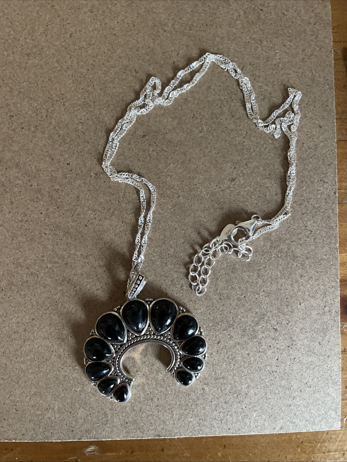 Black Onyx Sterling Silver Pendant Necklace Crescent Shape