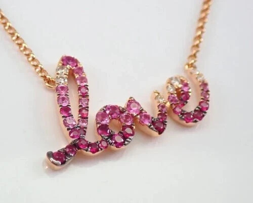 2Ct Lab Created Round Pink Sapphire LOVE Pendant 14K Rose Gold Plated Free Chain