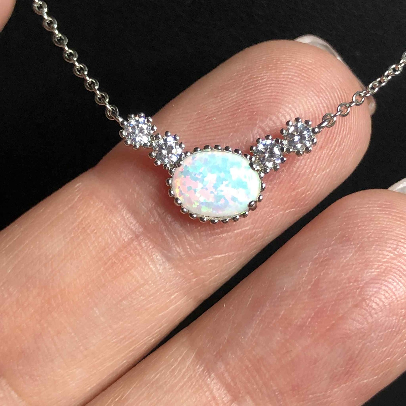 7237 Sterling Silver Signed N 925 Opal CZ station 18″ Necklace 2 grams
