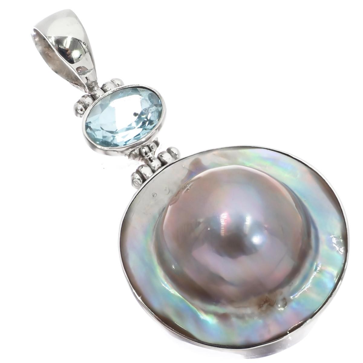 925 Silver Blue Topaz South Sea Cultured Blister Mabe Pearl Pendant, 1 3/4″