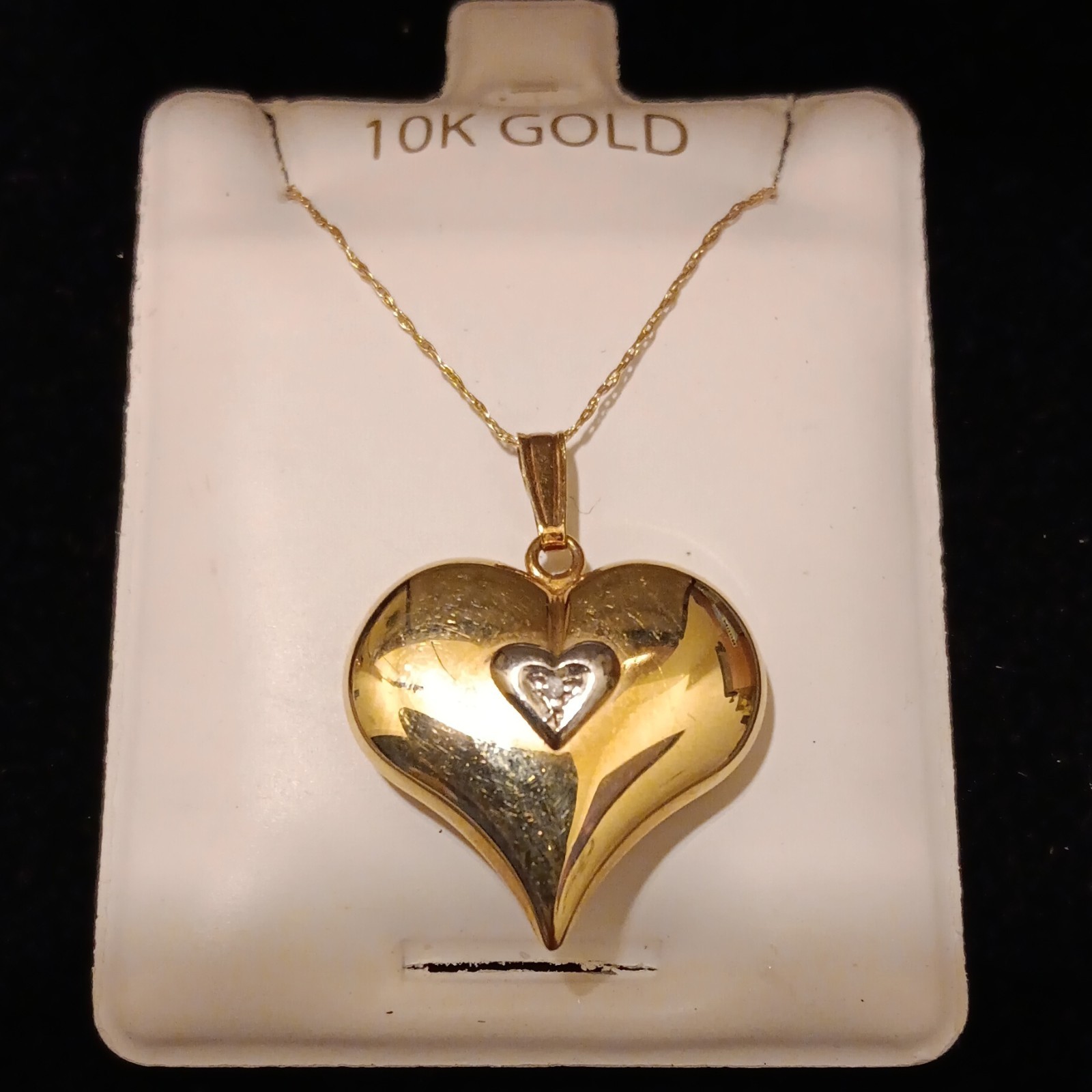 14K Yellow Gold Heart Pendant 10k Chain Necklace w/ 1 Heart Diamond