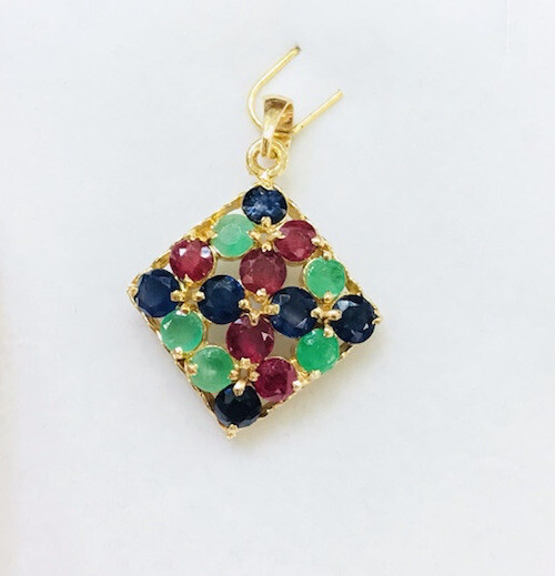 14k Solid Yellow Gold Cluster Pendant W/Natural Round Emerald Ruby Sapphire2.58G
