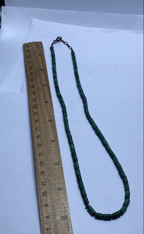 925 Sterling Silver Malachite Beaded Necklace 19.5″ Green Cylinder Beads 24g
