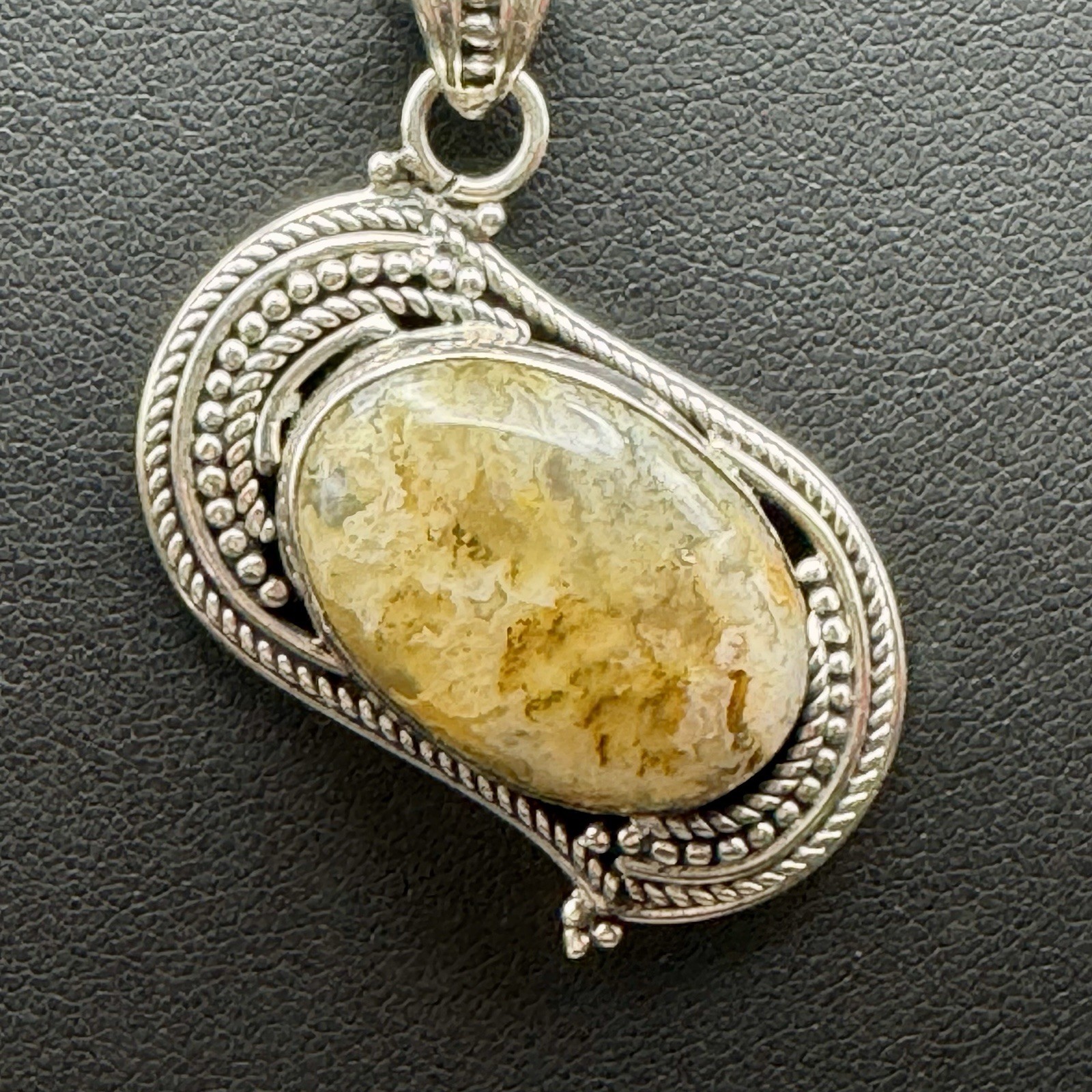 Bezel Set Jasper Cabochon Stone In Detailed Silver With 18in NB India Box Chain