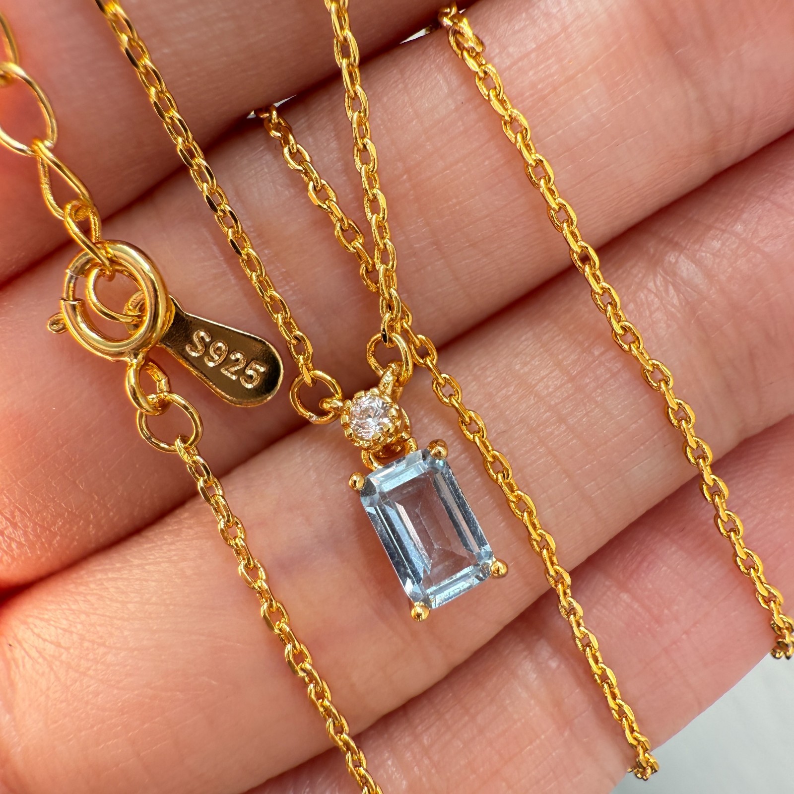 925 Sterling Silver Necklace 6x4mm Natural Blue Aquamarine 14K Gold Plated Chain