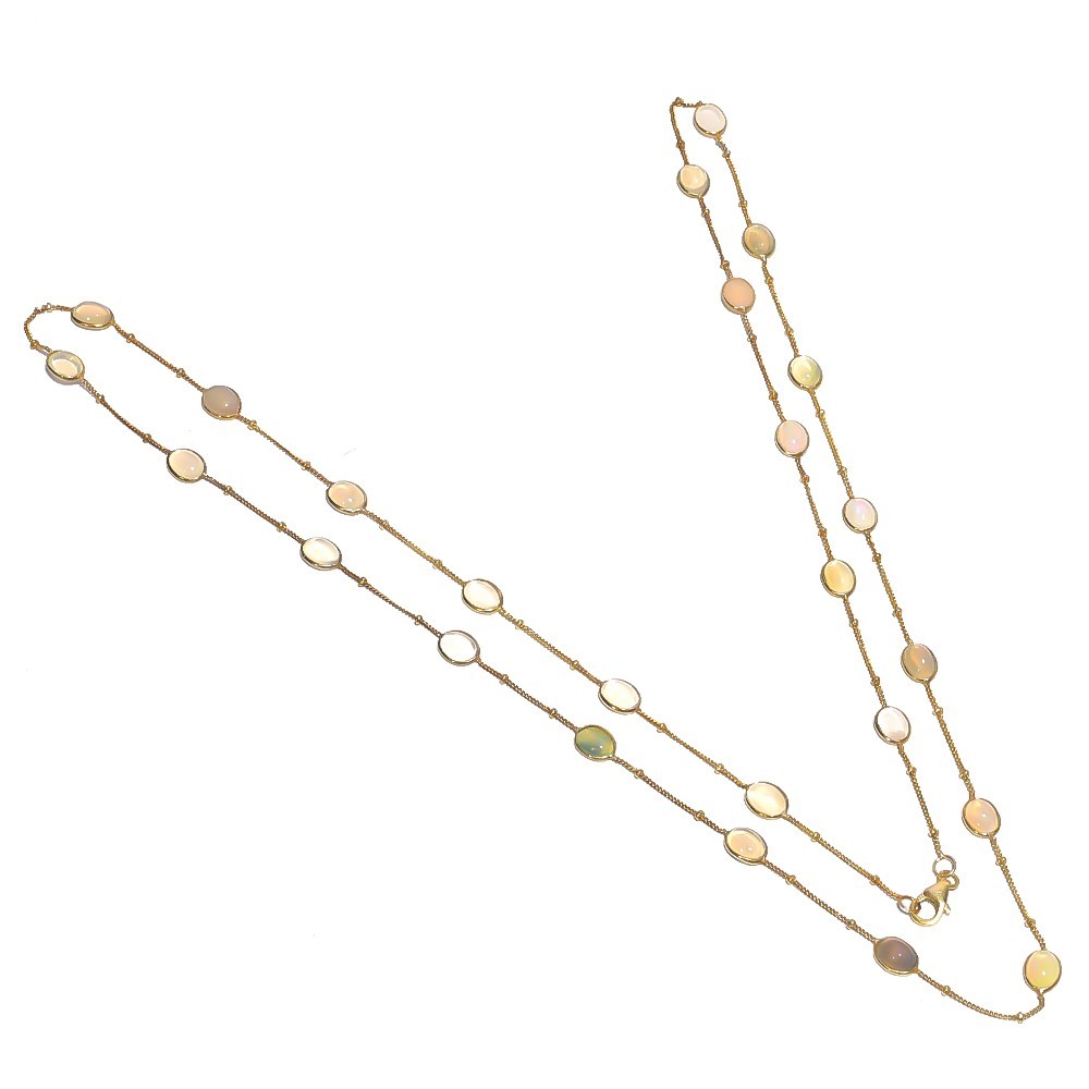 Natural Ethiopian Opal Station Necklace 925 Sterling Silver Long Chain 37″ P-597