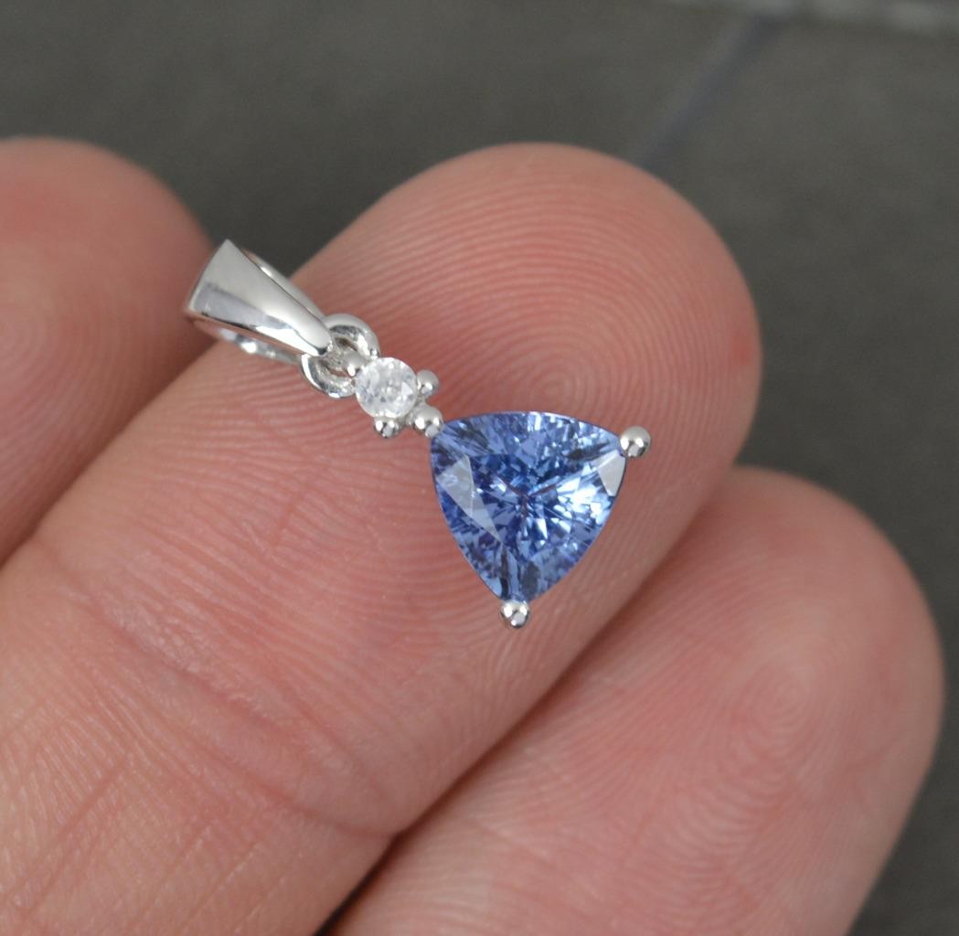 Stylish 9ct White Gold Trillion Tanzanite and Zircon Pendant