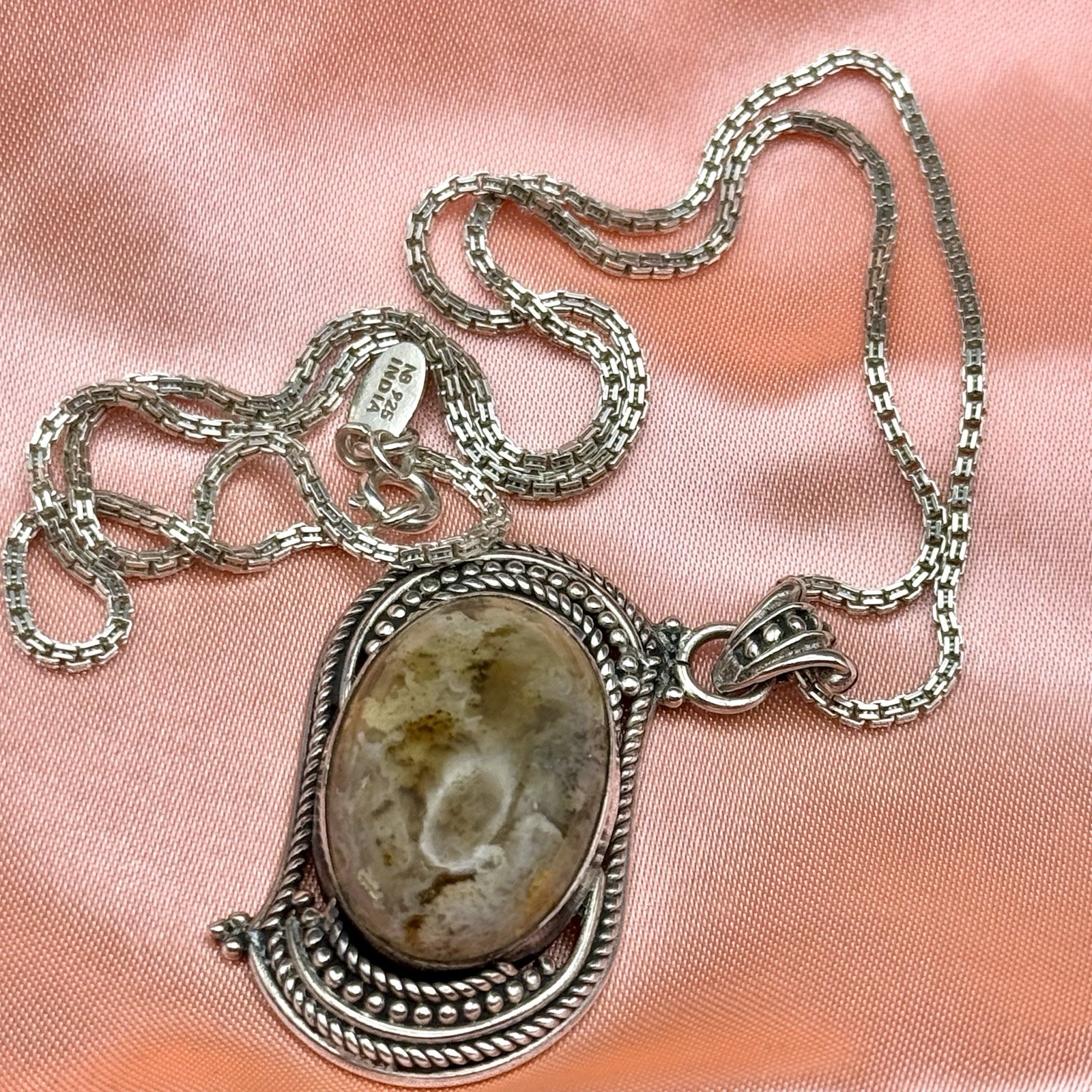 Bezel Set Jasper Cabochon Stone In Detailed Silver With 18in NB India Box Chain