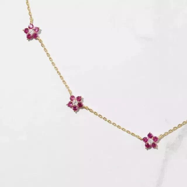 2Ct Round Lab Created Sapphire Diamond Flowers Necklace 14K Yellow Gold Plated