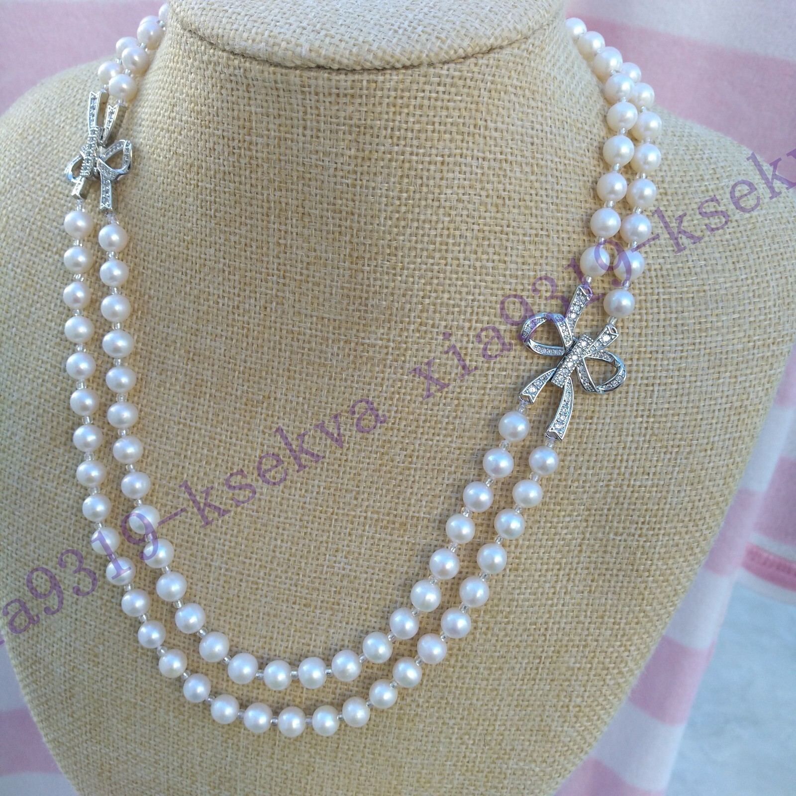 17-18″ Double Strands AAA+ 6-7mm Round AKOYA White Pearl Necklace 14K Gold P