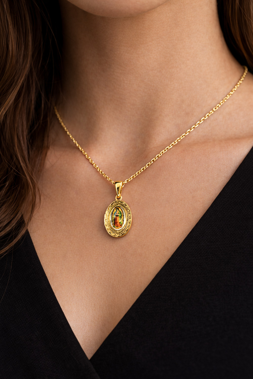 Italian 1/200 14k Yellow Gold Lady Guadalupe Locket Pendant Religious Catholic
