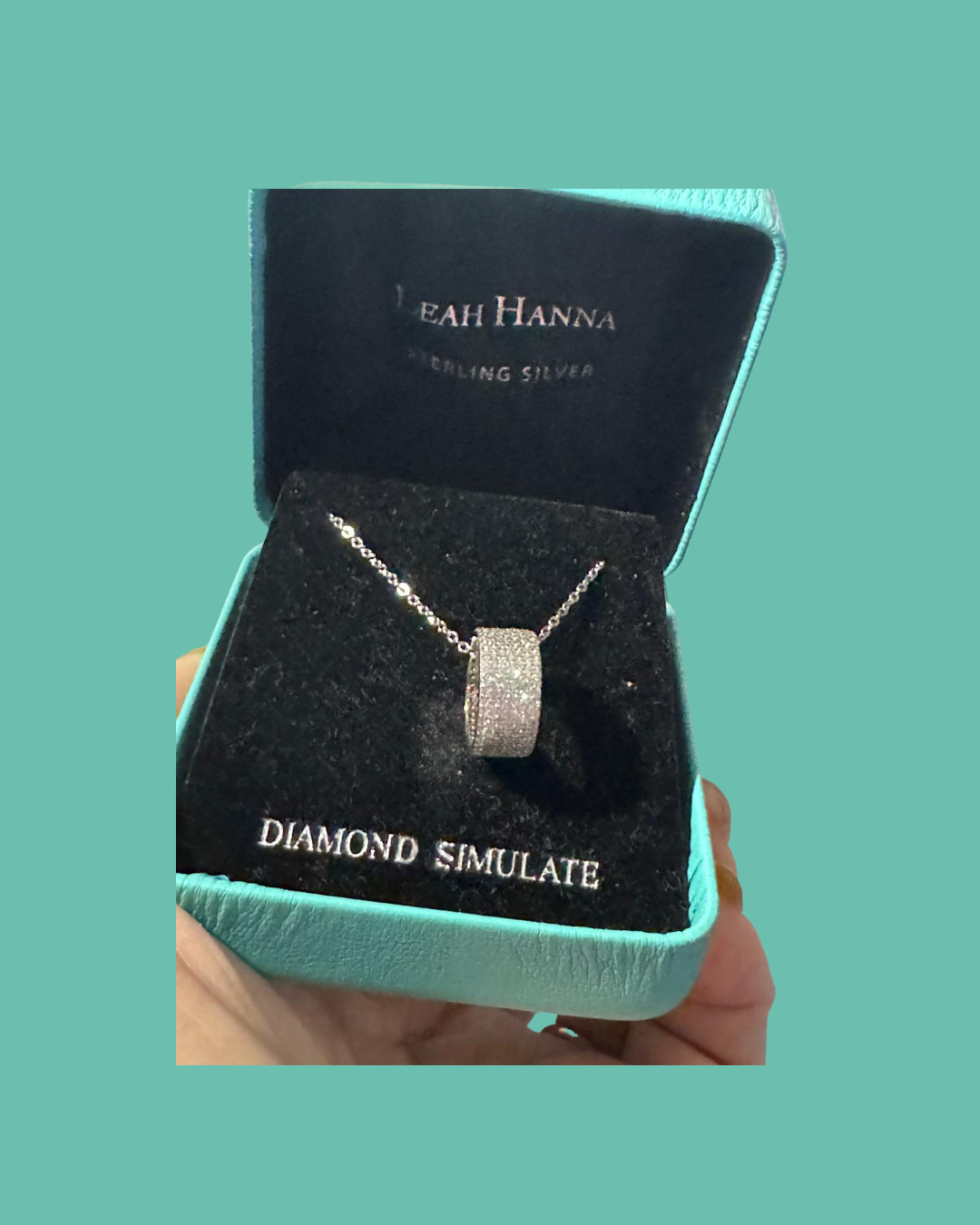 Leah Hanna sterling silver necklace-pave-set barrel pendant w/ simulated diamond