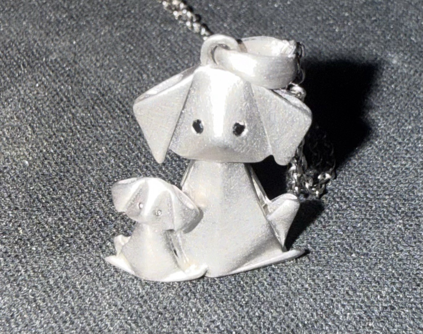 Sterling Silver 925 Origami Dog and Puppy Pendant Necklace .01ctw Black Diamonds