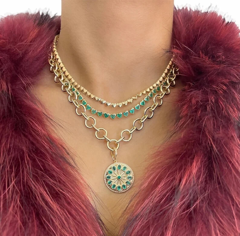 16CT Natural Green Emerald Tennis Necklace 14KT Yellow Gold 17″In CERTIFIED