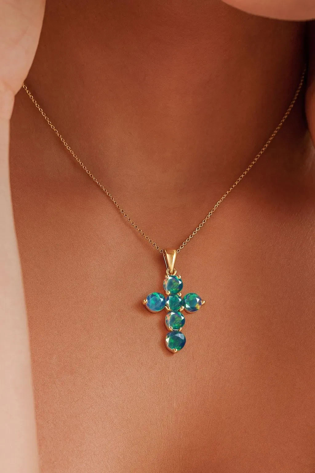 Fire Black Opal Gemstone Gold Cross Pendant, Natural Opal Chain Pendant Necklace