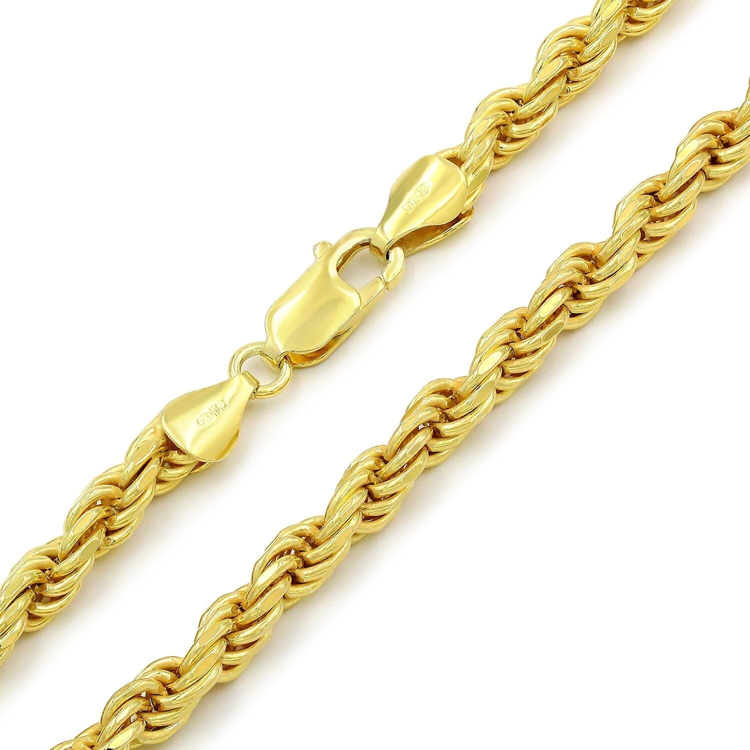 14k Gold Plated Over 925 Sterling Silver Italian Rope Chain Diamond Cut 4.5mm