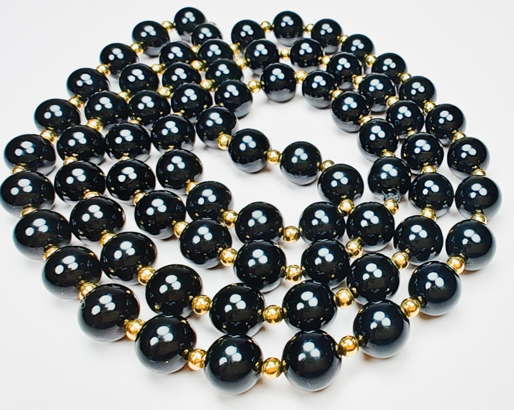 14K Yellow Gold Black Onyx Beaded Ball Necklace 29″ Long Estate 52.23g Vintage