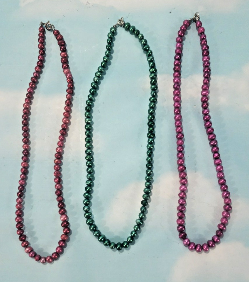3 Color Enhanced Fresh Water Cultured Pearl Necklaces 5-6mm 16 Inch Purple Red