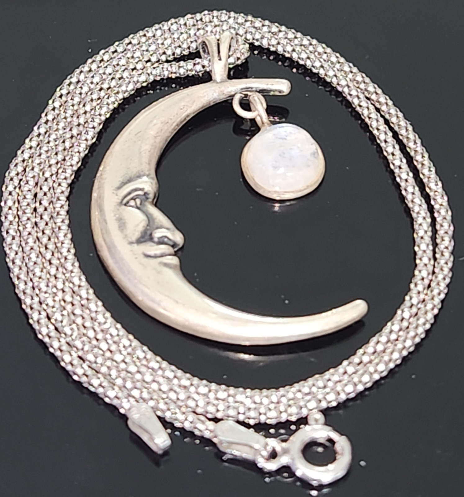 STERLING SILVER CRESCENT MOONSTONE CABOCHON/POPCORN CHAIN NECKLACE MADE ITALY