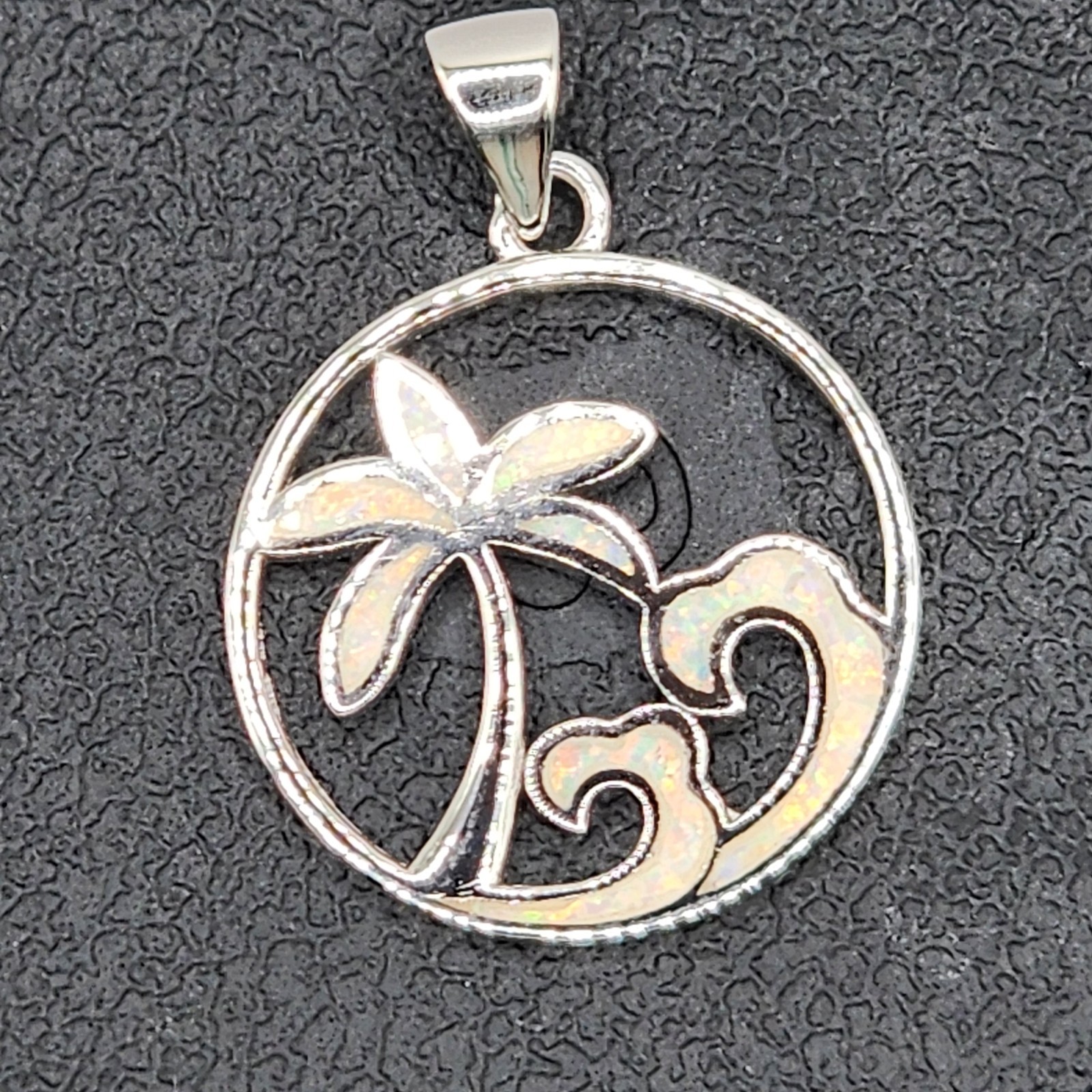 925 NEW Sterling Silver Pendant- Lab Opal Waves & Palm Trees 19mm Diameter FREE