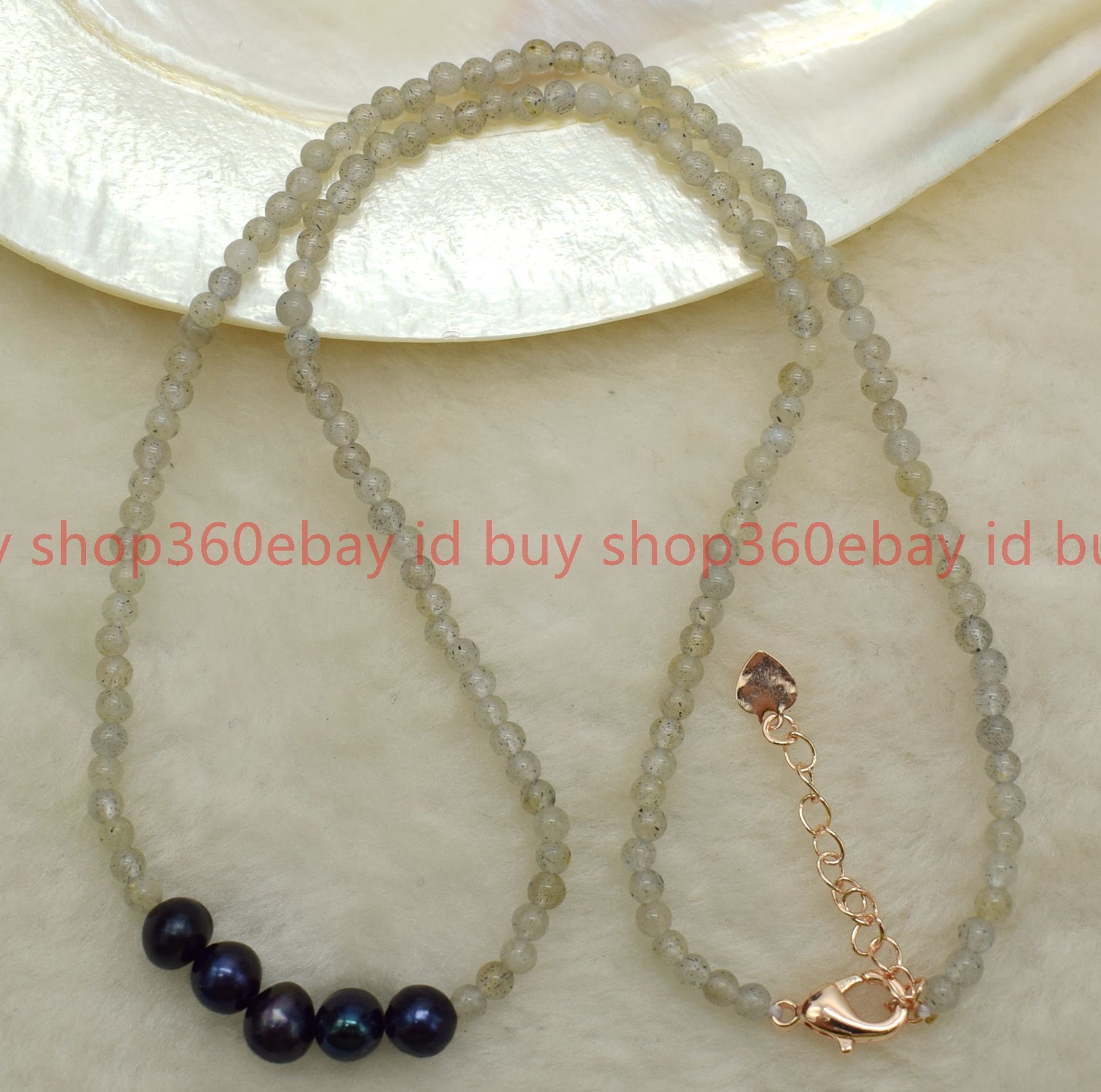 Natural 3mm Gray Labradorite Round Gemstone Beaded Black Pearl Necklace 16-28in