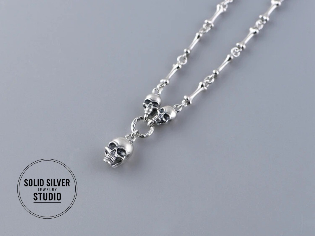 S925 Authentic Sterling Silver Skull&Bone Link Chain Punk Gothic Biker Necklace