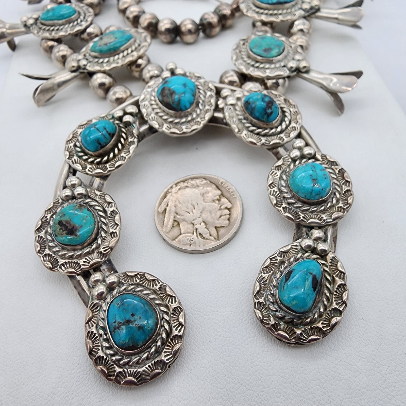 Sterling Silver 925 Navajo Calvin Desson Sleeping Beauty Squash Blossom Ag 24249