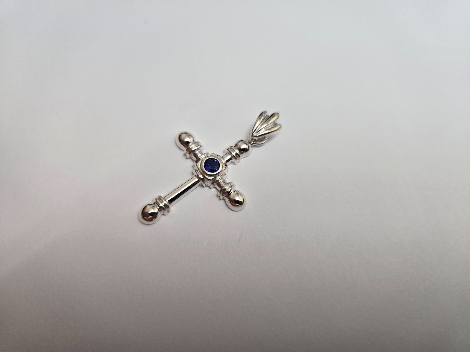 925 Sterling Silver Sapphire CZ Round Edge Cross Pendant 1 1/2 Inch (38mm) Tall