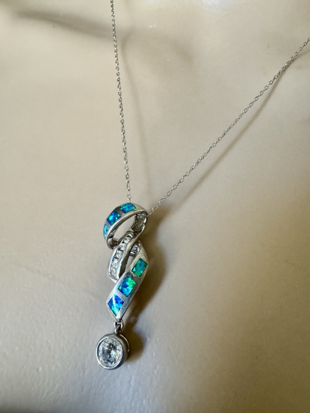 Sterling Silver 925 30mm Twisted Pendant necklace Lab Opals And Clear Stones 18”