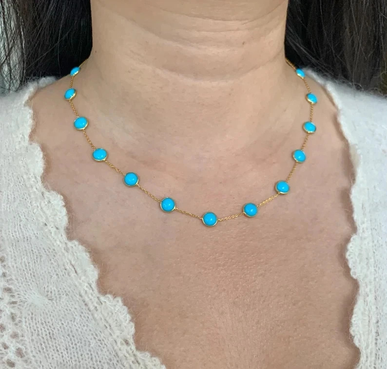 18K Yellow Gold Plated Station Necklace With 7.8mm Sleeping Beauty Turquoise 18″