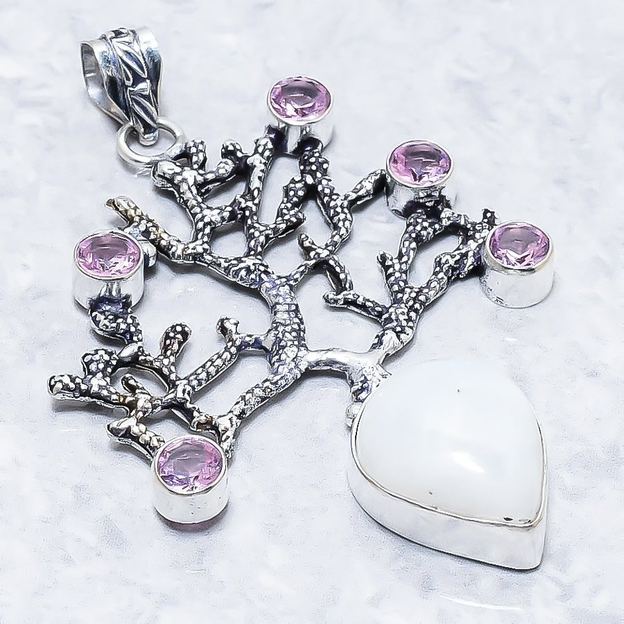 Rainbow Moonstone, Kunzite 925 Sterling Silver Gemstone Pendant 2.84″ NS 23044