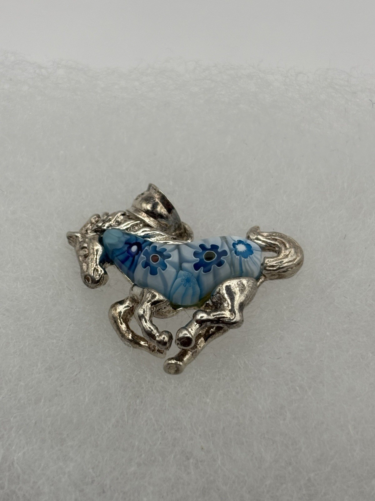 Blue Millifiori Glass Horse Sterling Silver Pendant