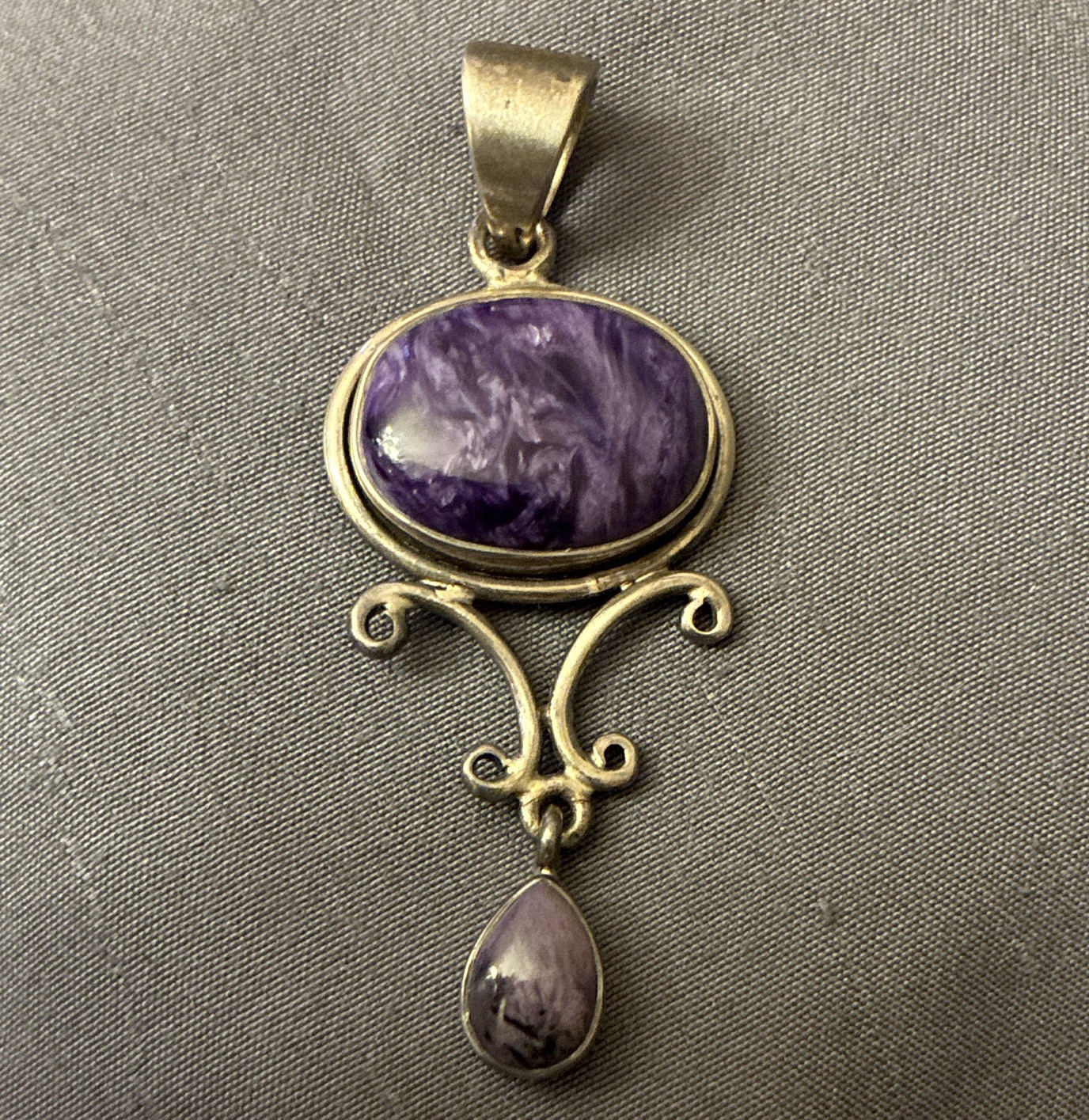 925 Sterling Silver Purple charoite Oval Pendant Bezel Scroll w/ Teardrop