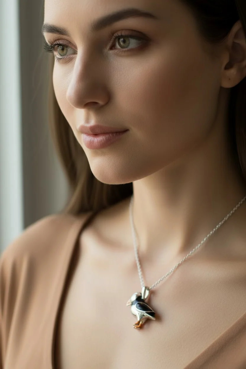 Enamel Puffin Necklace in Sterling Silver 925 Ladies Bird Pendant W/CHAIN