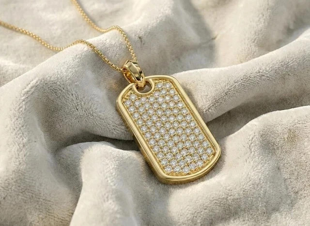 14K Yellow Gold Plated 2Ct Round Cut Lab Created Diamond Dog Tag Pendant