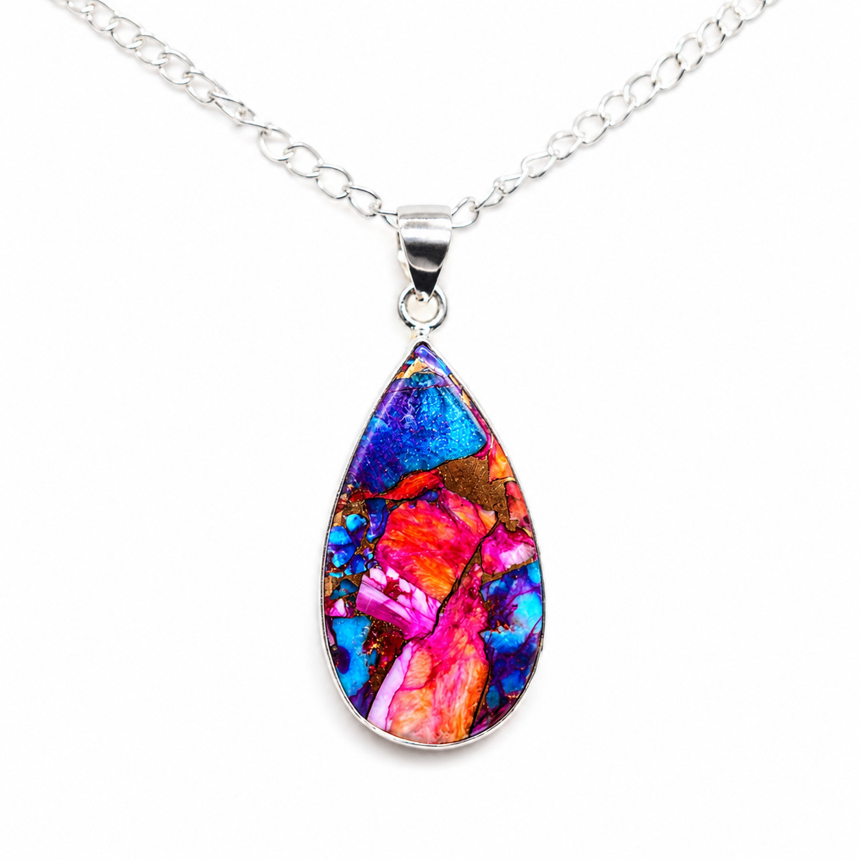 Kingman Oyster Turquoise Teardrop Pendant Necklace 925 Sterling Silver