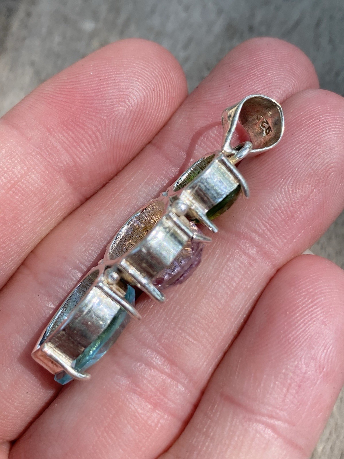 925 Sterling Silver Amethyst Peridot Blue Topaz 3-Stone Oval Bezel Pendant