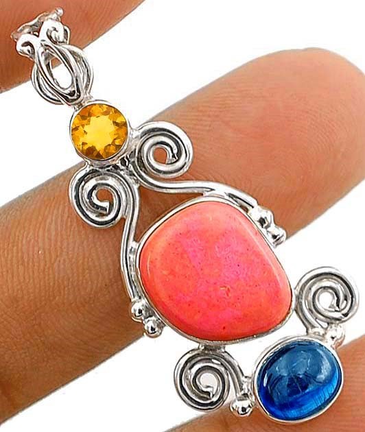 Natural Pink Opal Australia & Citrine 925 Solid Sterling Silver Pendant