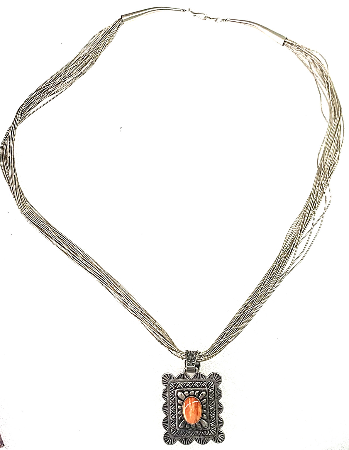 Multi-Strand Sterling Necklace & Tiger’s Eye Stone Pendant – 24″ – Hook Clasp